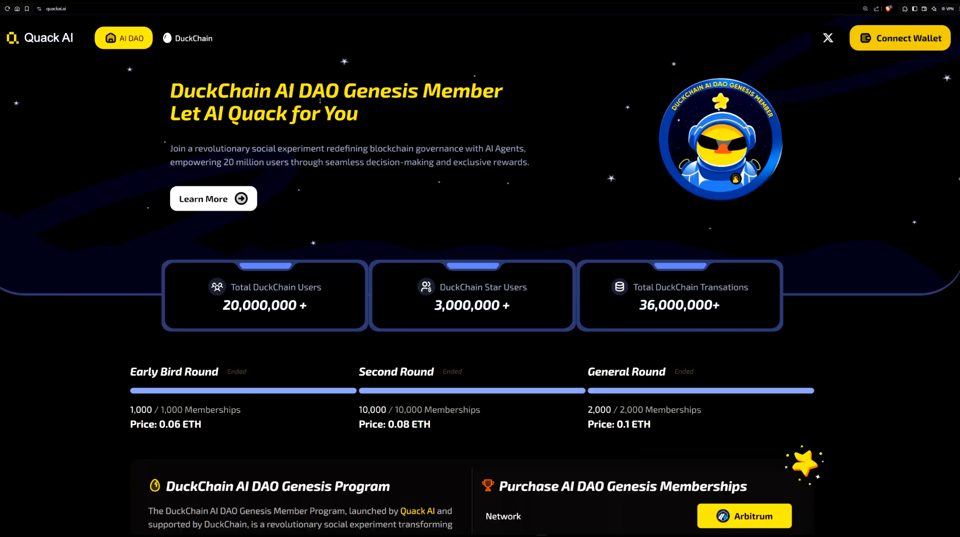 Quack AI dashboard showing DuckChain totals
