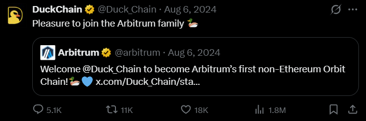 Arbitrum welcomes DuckChain to the family