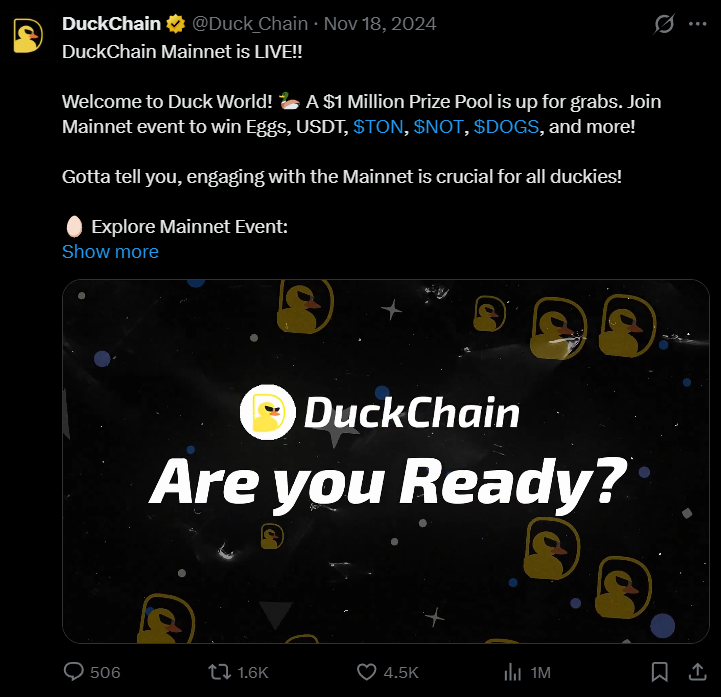 DuckChain Mainnet live with $1M prize pool