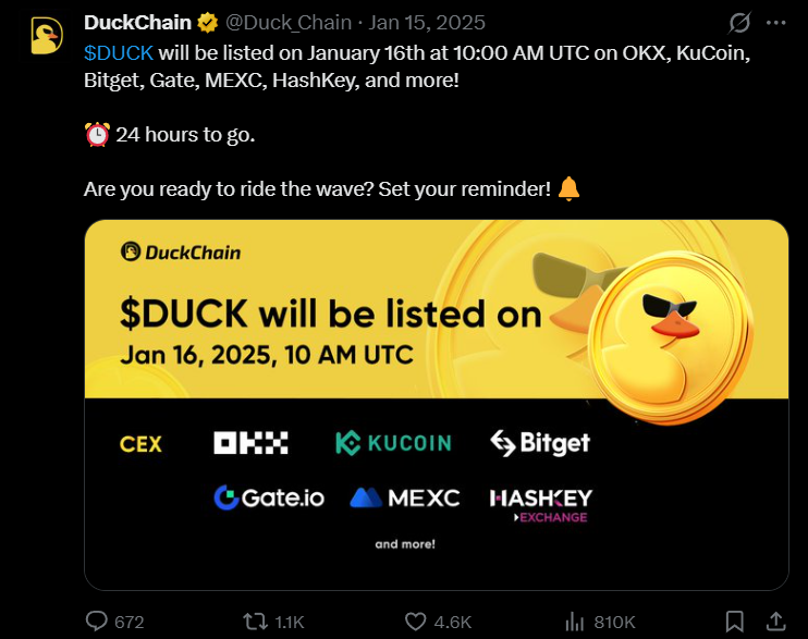 $DUCK listing in 24 hours announcement