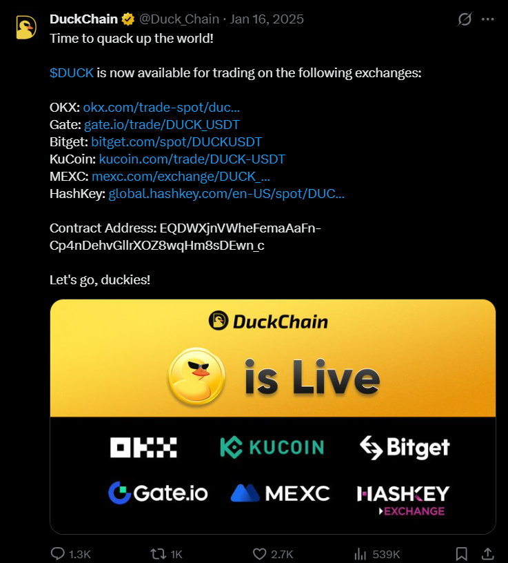 $DUCK trading live on OKX, Gate, Bitget, KuCoin, MEXC, HashKey